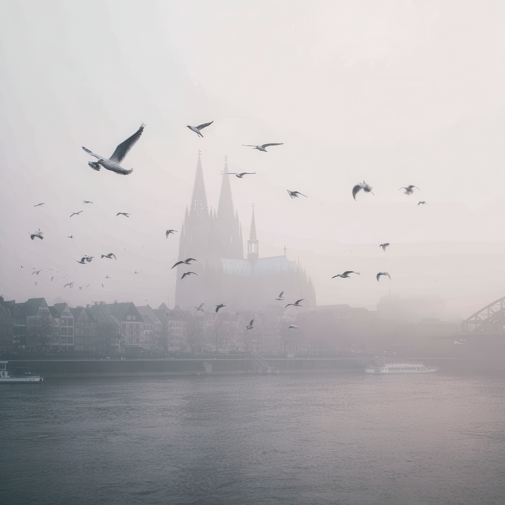 Der Kölner Dom im dichten Morgennebel mit fliegenden Möwen über dem Rhein.
