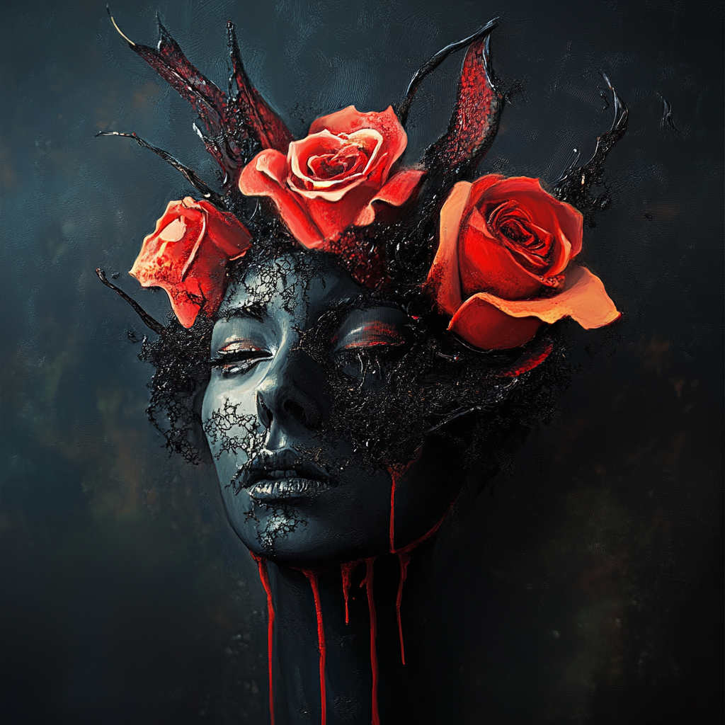 frau mit schwarzen zuegen und rosen im haar vor dunklem hintergrund
