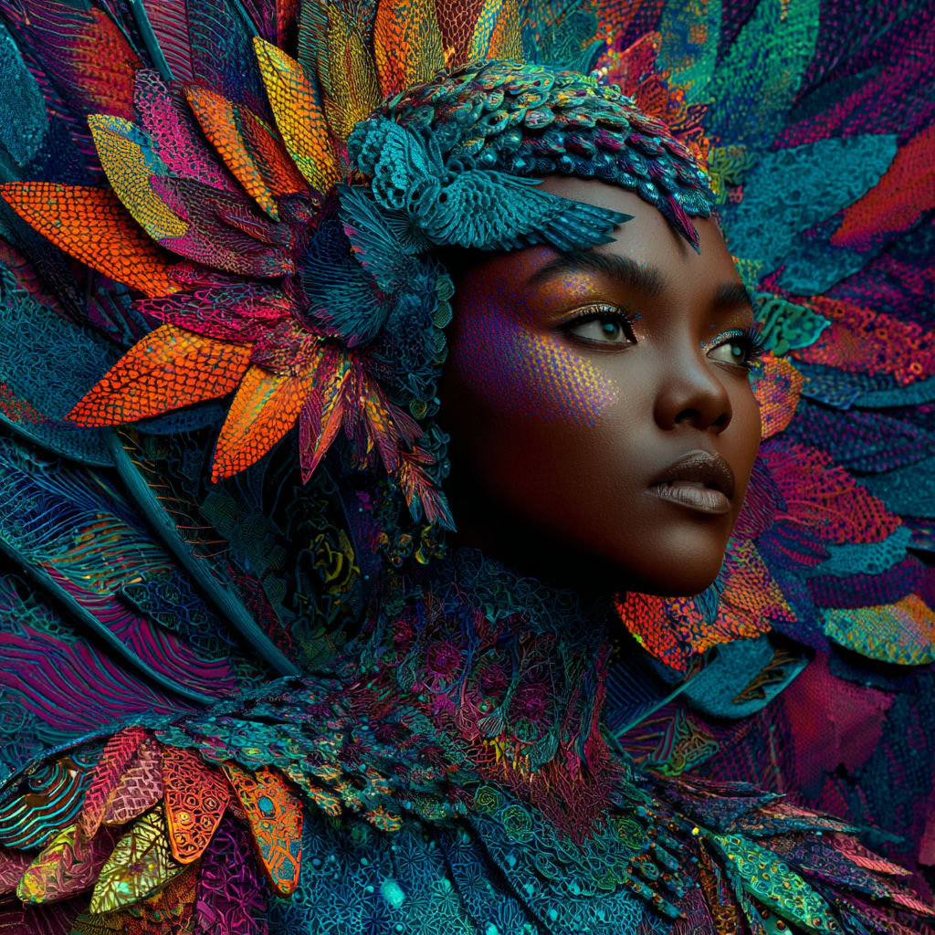 porträt einer frau mit bunter federkrone und leuchtenden mustern
