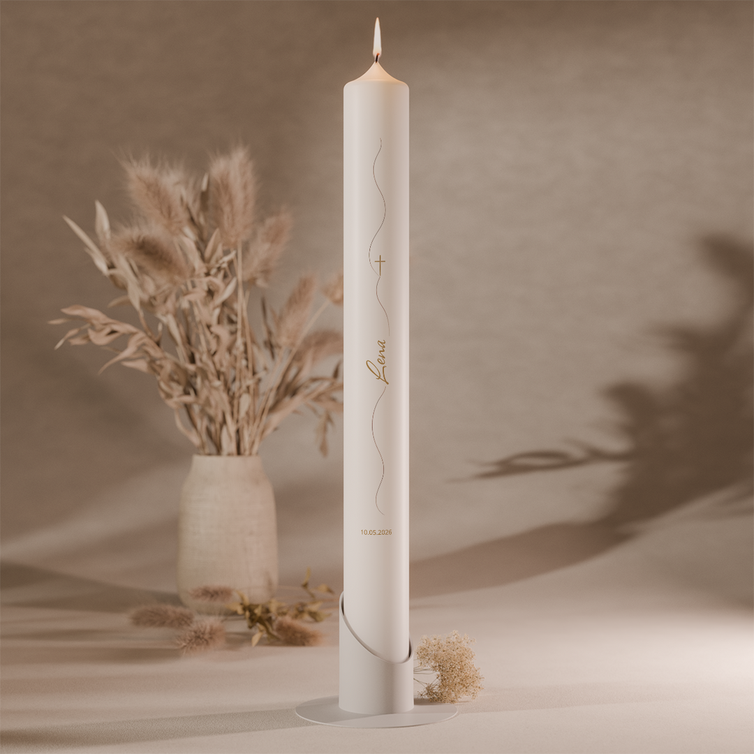 Personalisierte Kommunionskerze 40 x 4 cm mit feiner Lebenslinie, goldenem Kreuz, Name und Datum