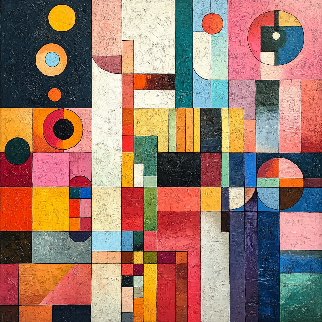 Abstrakte geometrische Komposition aus bunten Quadraten und Kreisen – inspiriert von Bauhaus, Farbe und Rhythmus.
