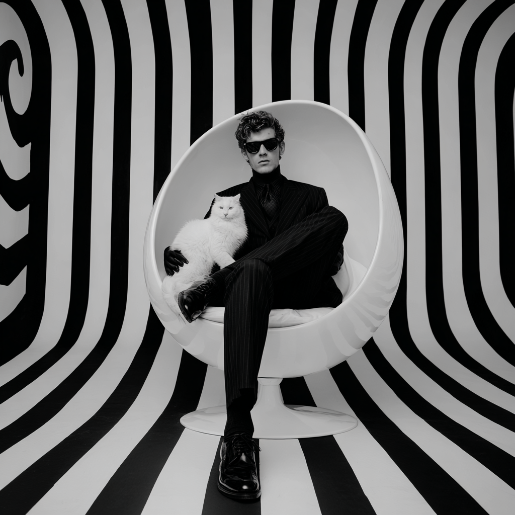 Schwarz-weißes Foto eines Mannes in Anzug und Sonnenbrille, der in einem modernen Ei-Stuhl sitzt und eine weiße Katze hält – elegante Szene mit starkem grafischem Kontrast.
