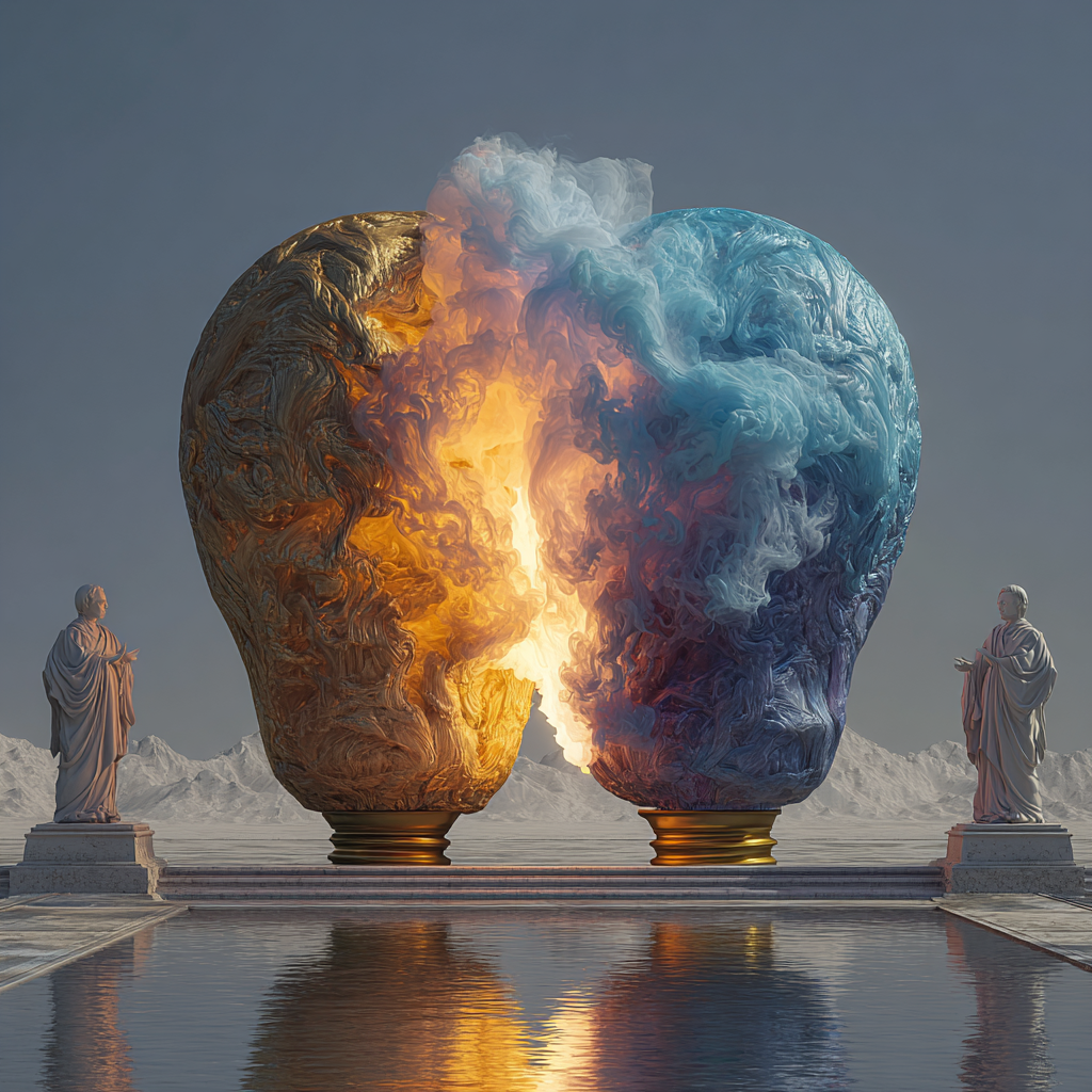 Zwei große goldene und blaue organische Formen treffen wie Feuer und Eis aufeinander, flankiert von Statuen und reflektiert in einem Wasserbecken.
