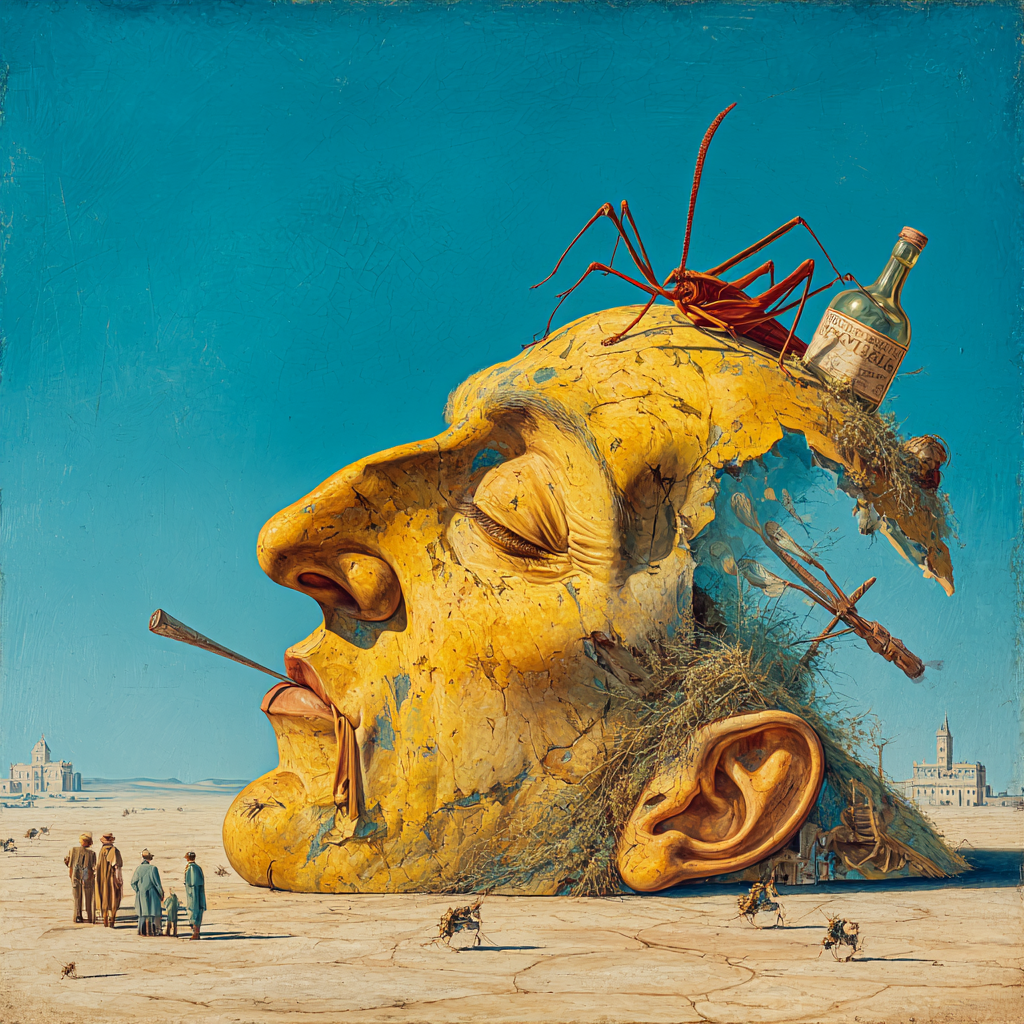 Ein surrealistisches Gemälde zeigt einen riesigen, zerfallenden Kopf aus gelbem Stein, der in einer Wüstenlandschaft liegt. Auf dem Kopf sitzen Insekten und eine Flasche, während kleine Menschen in der Ferne stehen.
