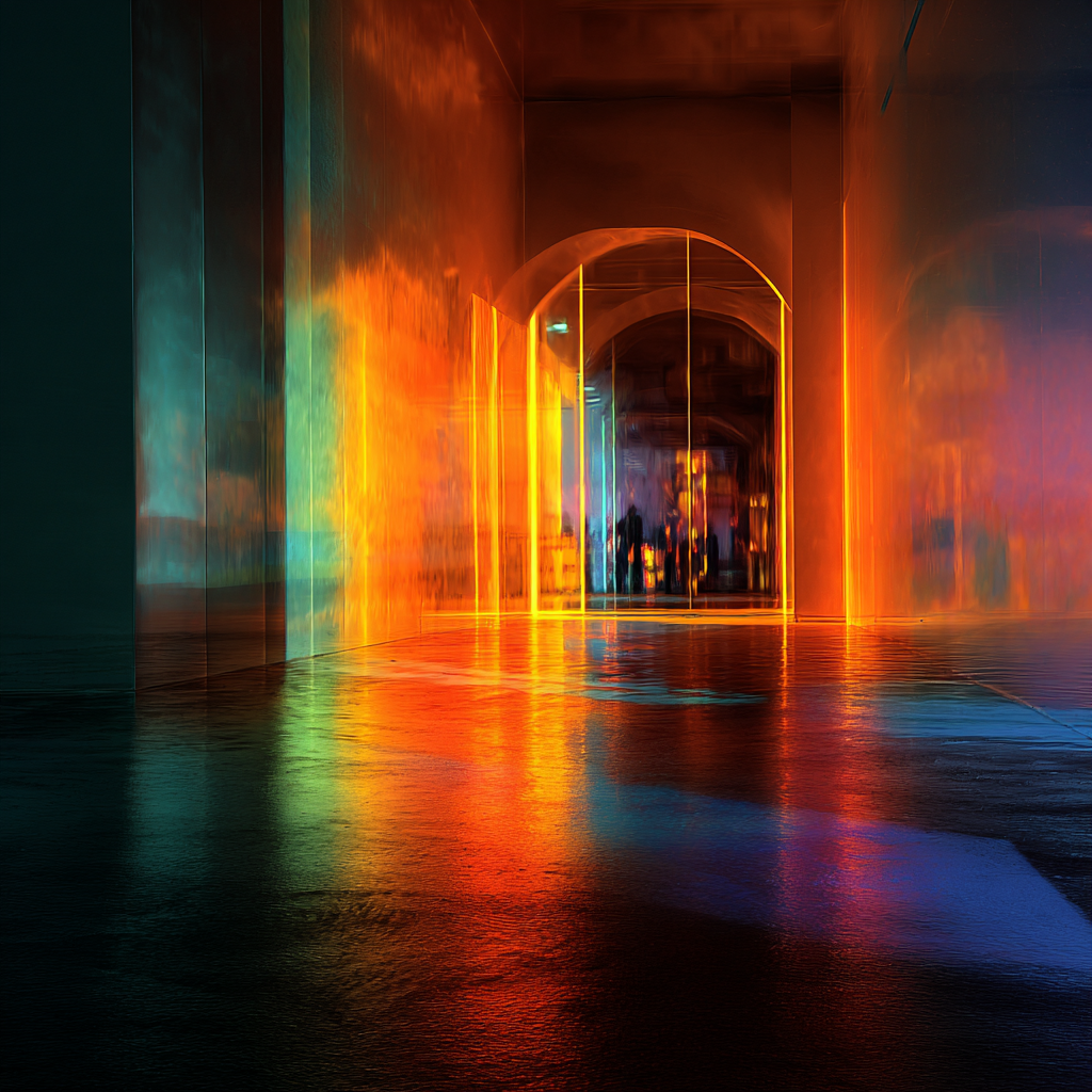 kunstwerk mit beleuchtetem korridor in intensiven farben und spiegelungen
