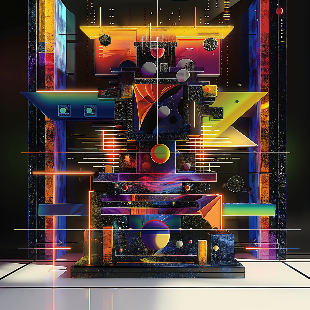 Abstrakte digitale Komposition aus geometrischen Formen, Linien und Planeten – eine architektonische Struktur aus Licht, Farbe und Bewegung.
