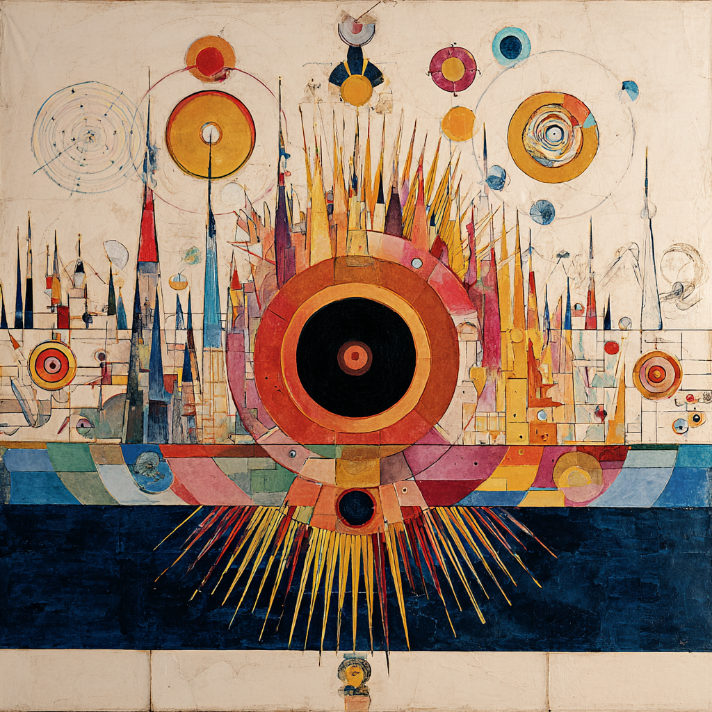 Abstrakte, architektonisch-kosmische Komposition mit konzentrischen Kreisen, spitzen Formen und Linien in Rot-, Gelb- und Blautönen – erinnert an eine Stadtlandschaft, die sich mit einem Sonnensystem verbindet.
