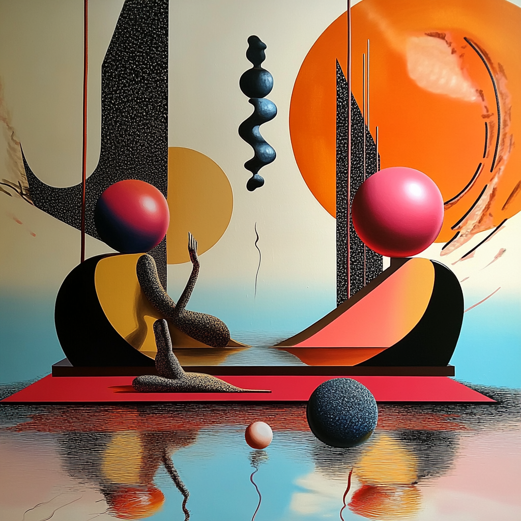 abstrakte geometrische figuren mit kugeln in rot orange und schwarz auf spiegelnder fläche
