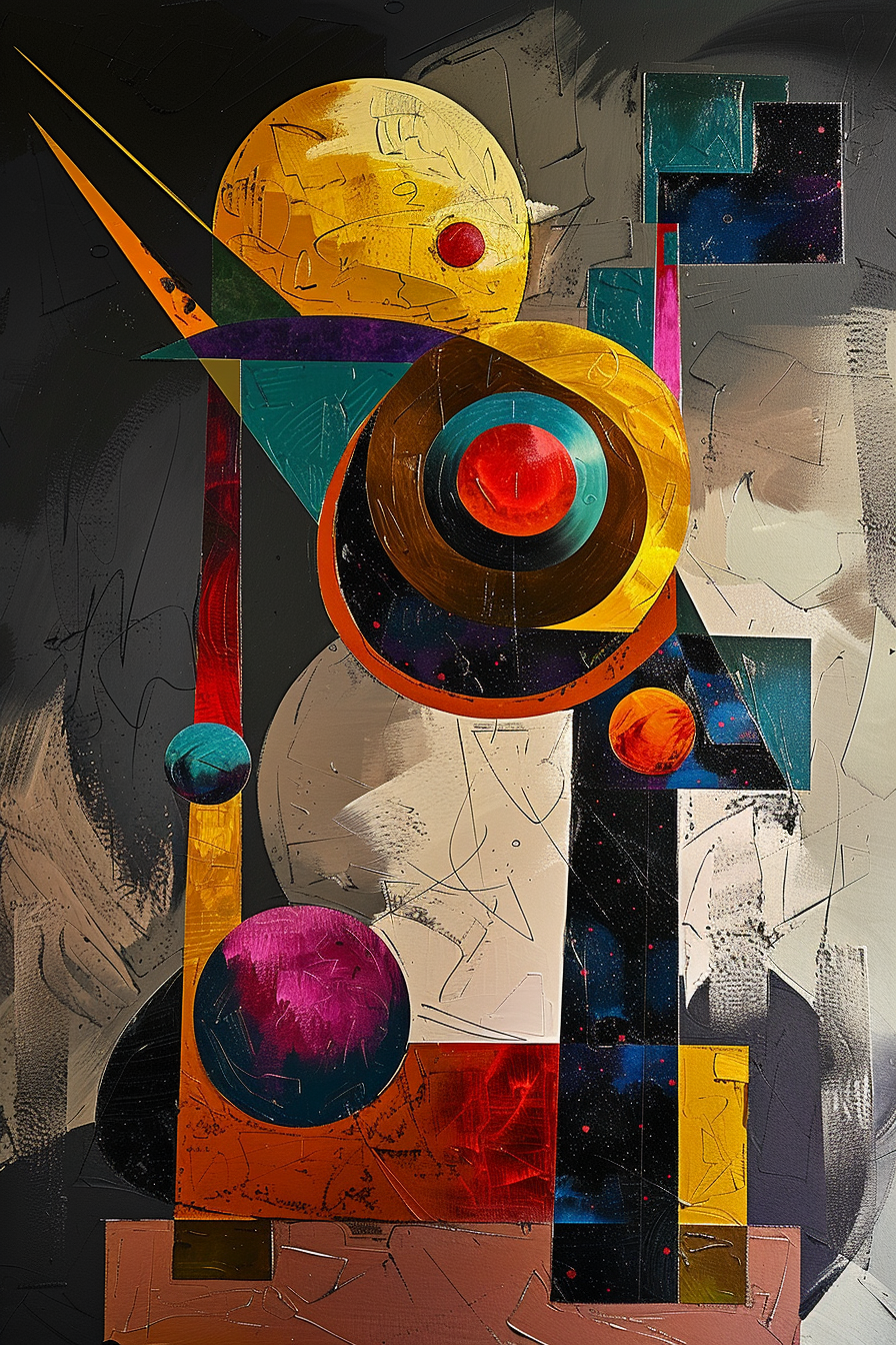 Abstraktes Gemälde mit geometrischen Formen in kräftigen Farben wie Gold, Rot, Türkis und Violett, die an Planeten und Himmelskörper erinnern.
