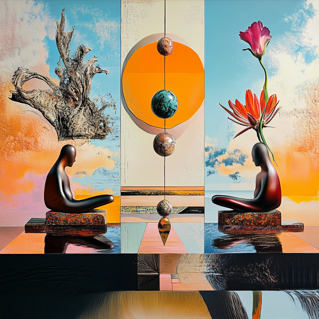 Surreale Komposition mit zwei abstrakten Figuren, schwebenden Planeten und einem großen orangefarbenen Kreis – Symbol für Harmonie und kosmische Balance.
