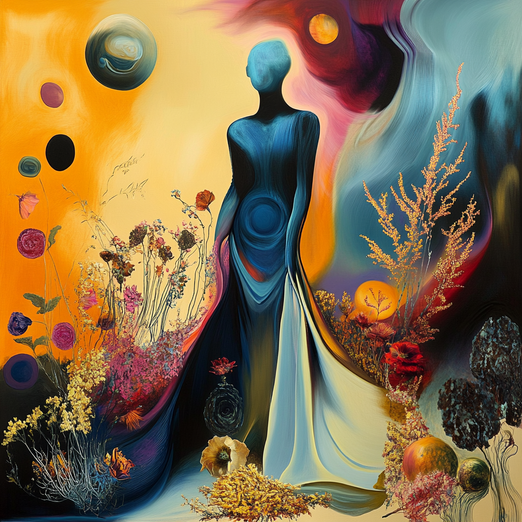 Surreale Komposition mit einer blauen, abstrahierten Frauenfigur inmitten von Blumen und Planeten – ein harmonisches Zusammenspiel aus Natur und Kosmos.
