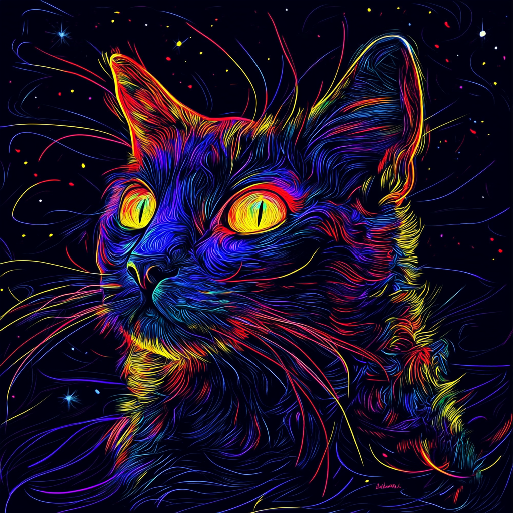Ein leuchtend buntes Porträt einer Katze, deren Fell in Neonfarben pulsiert – eine surreal-kosmische Darstellung voller Energie und Bewegung.
