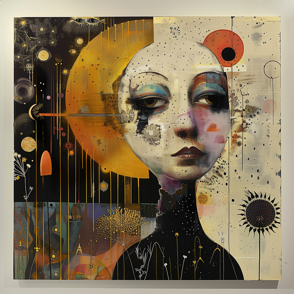 Abstrakt-surreales Porträt eines melancholischen Gesichts vor kosmischem Hintergrund. Goldene und schwarze Flächen, Planeten, Linien und florale Elemente verbinden sich zu einem poetischen Bild zwischen Erde und Universum.
