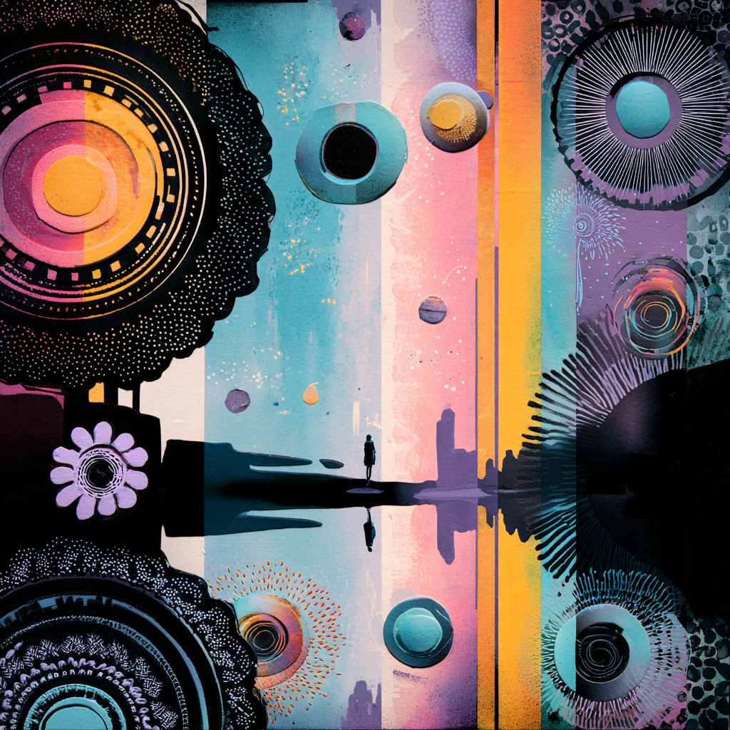 Abstraktes, kosmisches Kunstwerk mit Planeten, geometrischen Mustern und einer Silhouette
