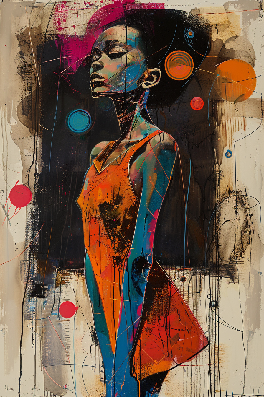 Abstraktes Porträt einer Frau in kräftigen Farben mit kosmischen Formen und urbanem Stil
