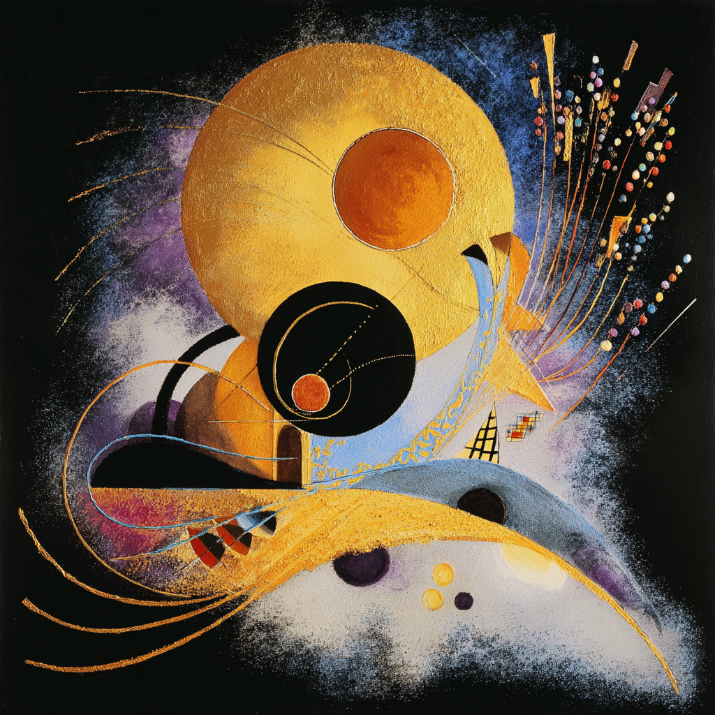 Abstrakte Komposition mit goldenen und schwarzen Kreisformen auf dunklem Hintergrund – leuchtende Linien und bunte Akzente erinnern an eine kosmische Explosion aus Licht und Bewegung.
