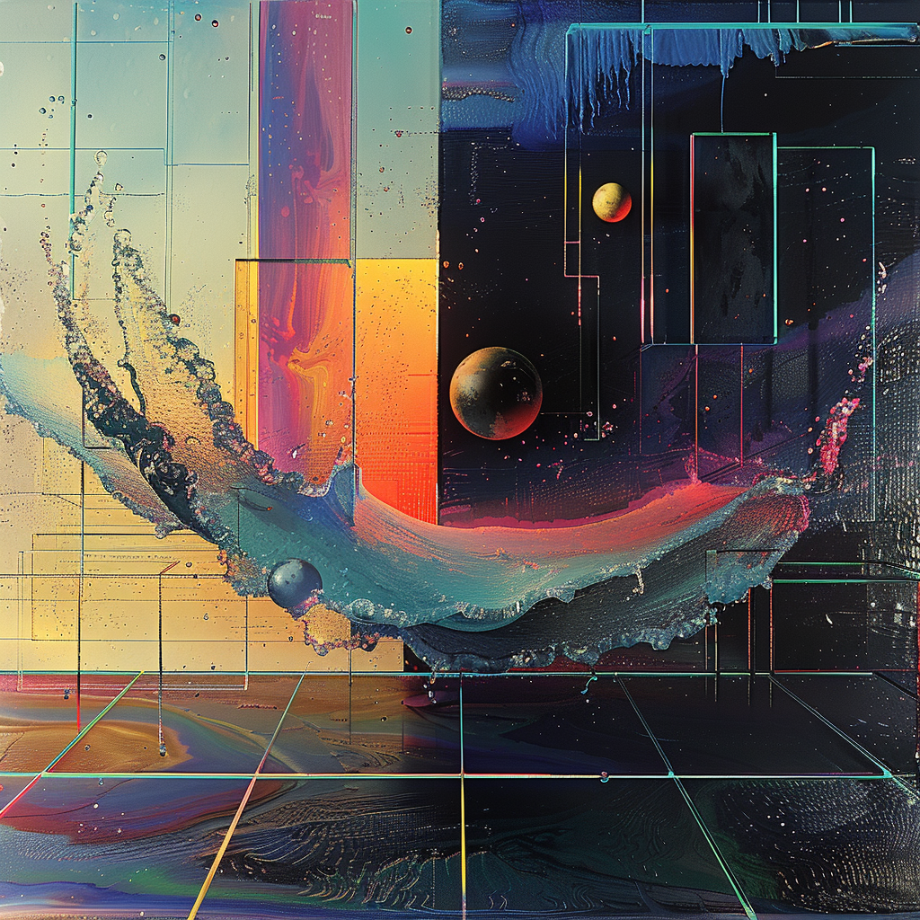 Abstrakte Komposition aus fließenden Farben, geometrischen Formen und planetarischen Elementen – eine kosmische Welle durch Raum und Licht.
