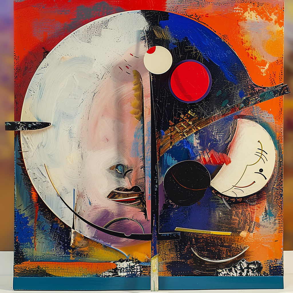 Abstraktes Gemälde mit kreisförmigen Formen, leuchtenden Farben und kosmischer Energie
