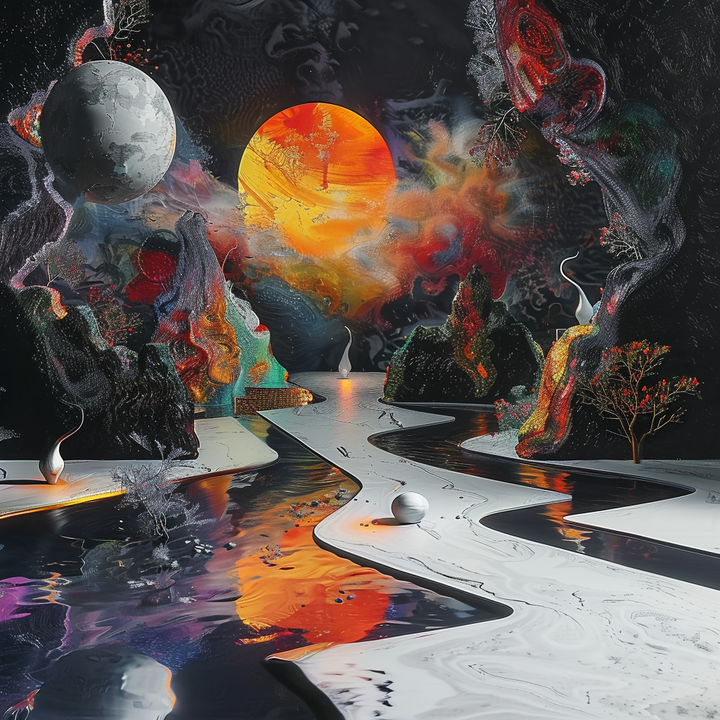 Surreale Landschaft mit einem leuchtenden orangefarbenen Planeten, einem grauen Mond und einem weißen Fluss, der sich durch eine fantastische, farbintensive Welt windet – ein Spiel aus Licht, Raum und Traum.
