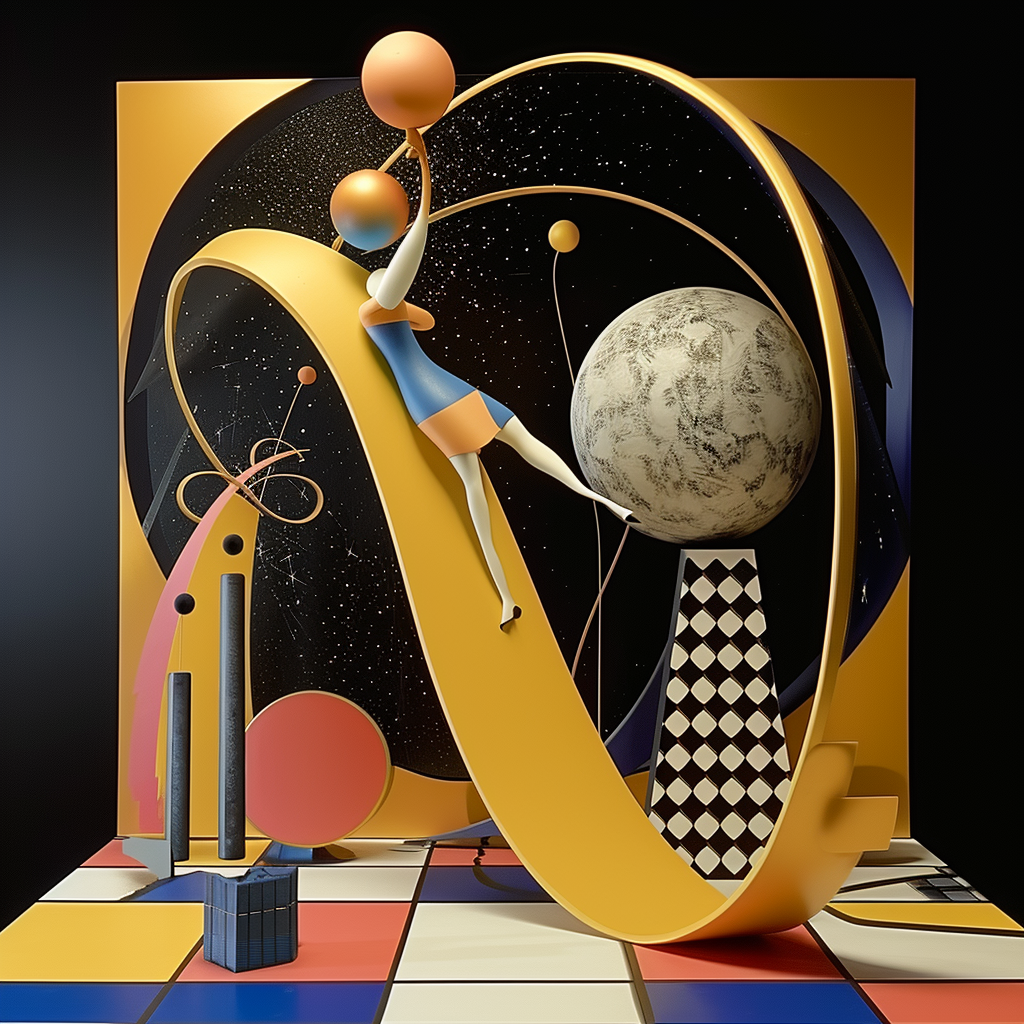 Abstrakte Figur in Blau und Gelb schwebt zwischen Planeten und geometrischen Formen auf farbigem Boden.
