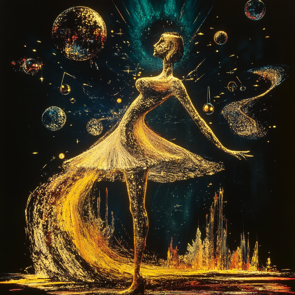 Abstrakte goldene Frauenfigur, die im Kosmos tanzt, umgeben von funkelnden Planeten, Lichtspuren und Energiepartikeln.
