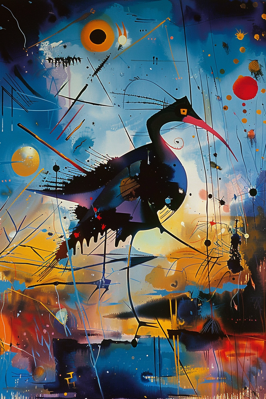 Abstrakte, farbintensive Darstellung eines Vogels inmitten einer kosmischen Landschaft aus Blau-, Orange- und Goldtönen – eine Komposition zwischen Traum und Bewegung.
