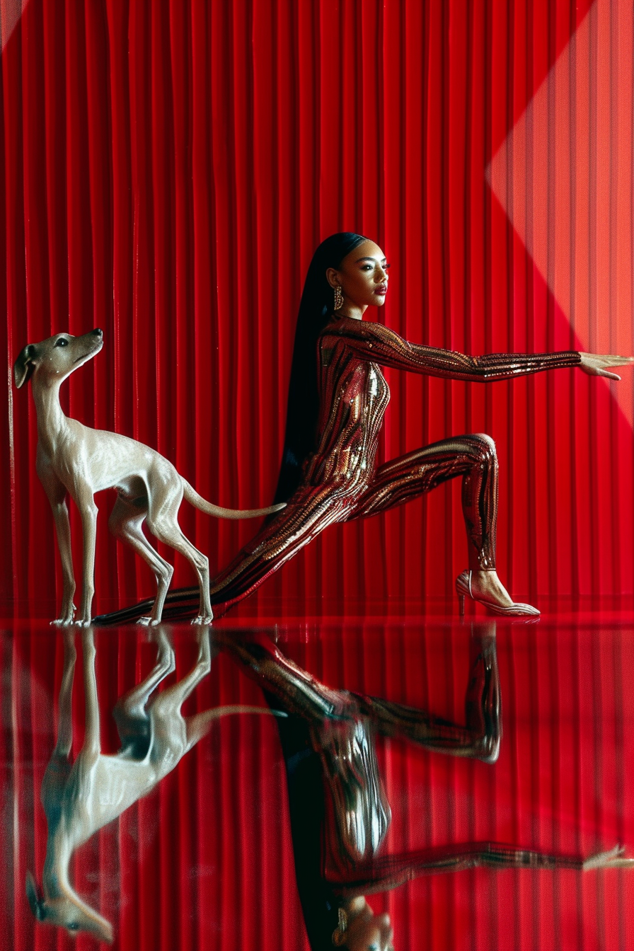 Frau in einem glitzernden roten Outfit posiert anmutig neben einem Windhund vor einem intensiven roten Hintergrund mit Reflexionen.
