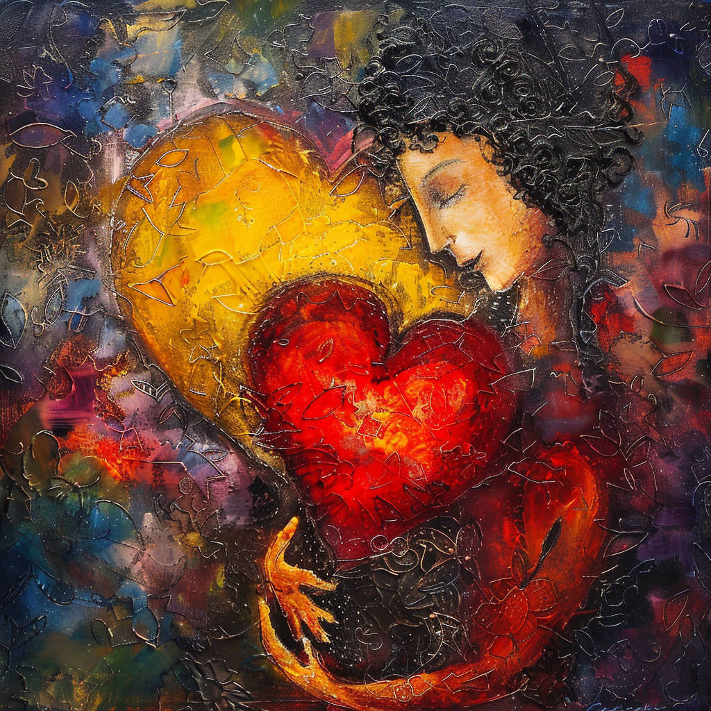 Expressionistisches Gemälde einer Figur, die ein leuchtendes Herz in warmen Farben umarmt
