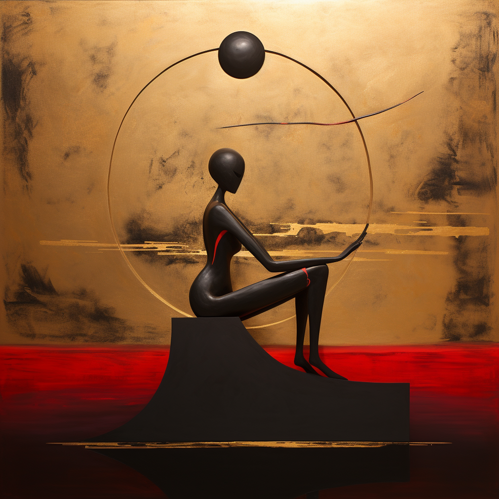 Abstrakte schwarze Figur vor goldenem Hintergrund, sitzend in einem Kreis aus Energie und Balance – Symbol für Ruhe, Konzentration und innere Harmonie.
