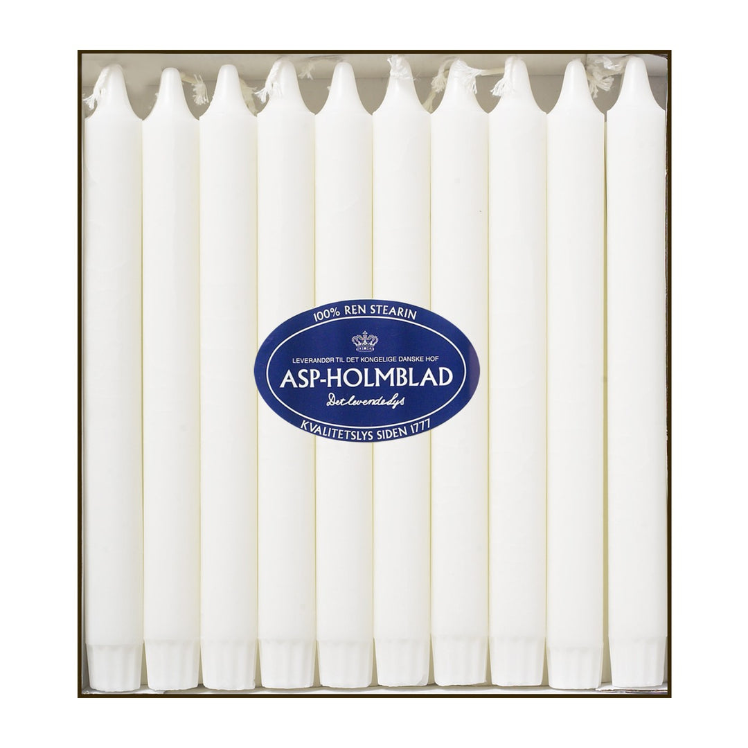 Verpackung mit 20 weißen Kronkerzen aus 100 % Stearin von ASP-HOLMBLAD, mit Sichtfenster und blauem Markenetikett.