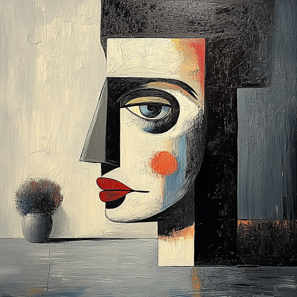 Kubistisches Porträt einer Frau mit geometrischen Formen, rotem Lippenakzent und abstrakten Strukturen – moderne digitale Kunst inspiriert von Picasso.
