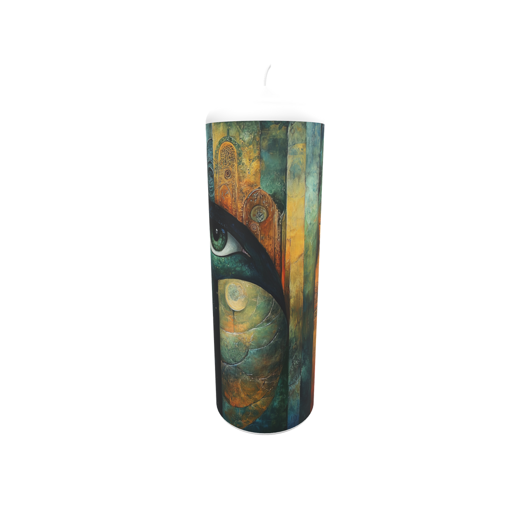 Künstlerkerze mit abstraktem Auge und sphärischem Farbverlauf in Blau- und Goldtönen – symbolisches Motiv für Ewigkeit, Wahrnehmung und Inneres Licht.