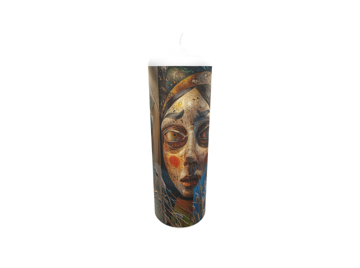 Künstlerkerze mit großem Porträt und goldenen Ornamenten – Sinnbild für inneres Leuchten, Achtsamkeit und spirituelle Tiefe.
