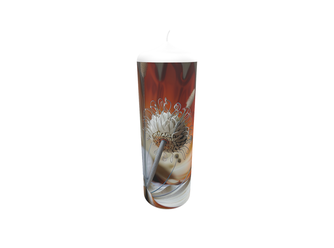 Künstlerkerze mit abstrahierten Blumen in sanften Aquarelltönen – Symbol für Leichtigkeit und Vergänglichkeit der Natur.