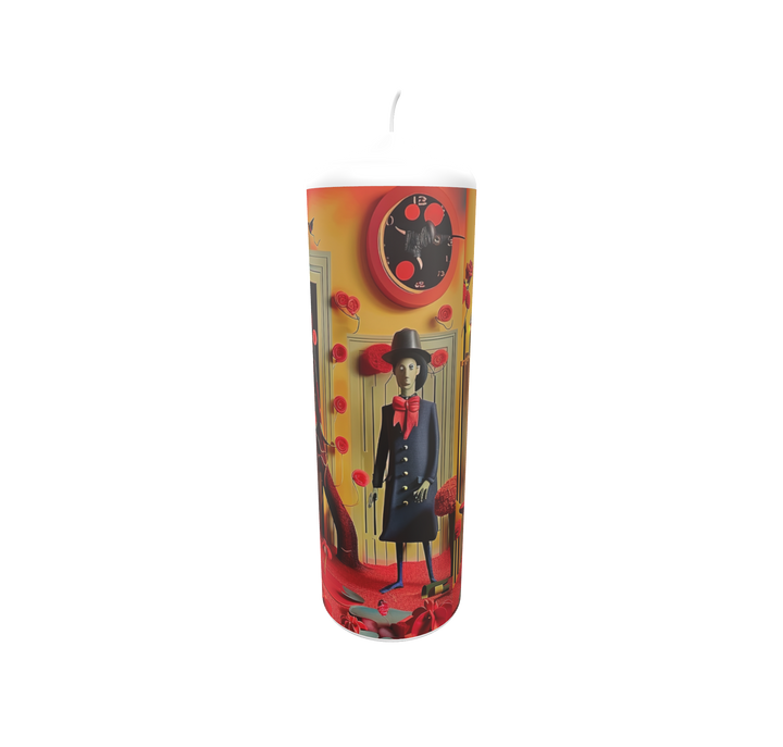 Künstlerkerze mit maskierter Figur in rotem und goldenem Farbspektrum.