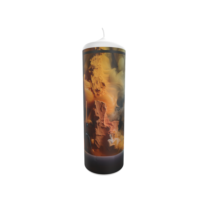 Künstlerkerze mit erdigen Farbtönen und reliefartiger Struktur.