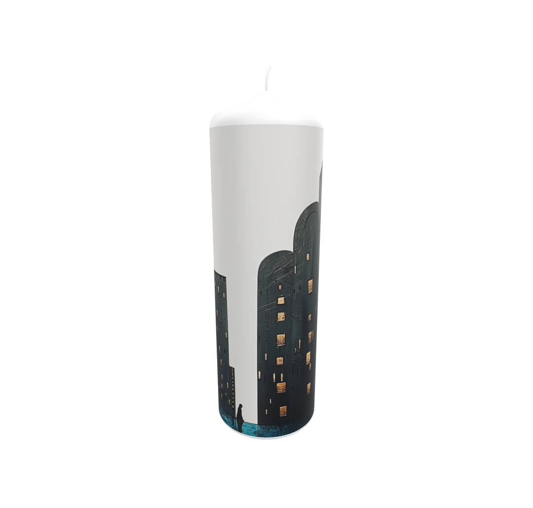 Künstlerkerze mit minimalistischem Stadtmotiv und leuchtenden Fenstern im nächtlichen Grau.