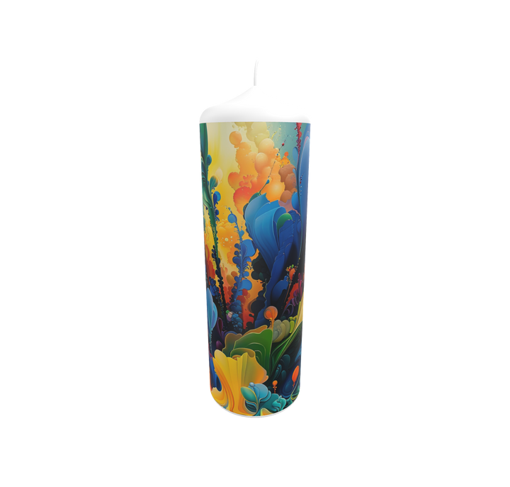 Künstlerkerze mit ausstrahlender Farbkomposition in Rot, Blau und Goldtönen.