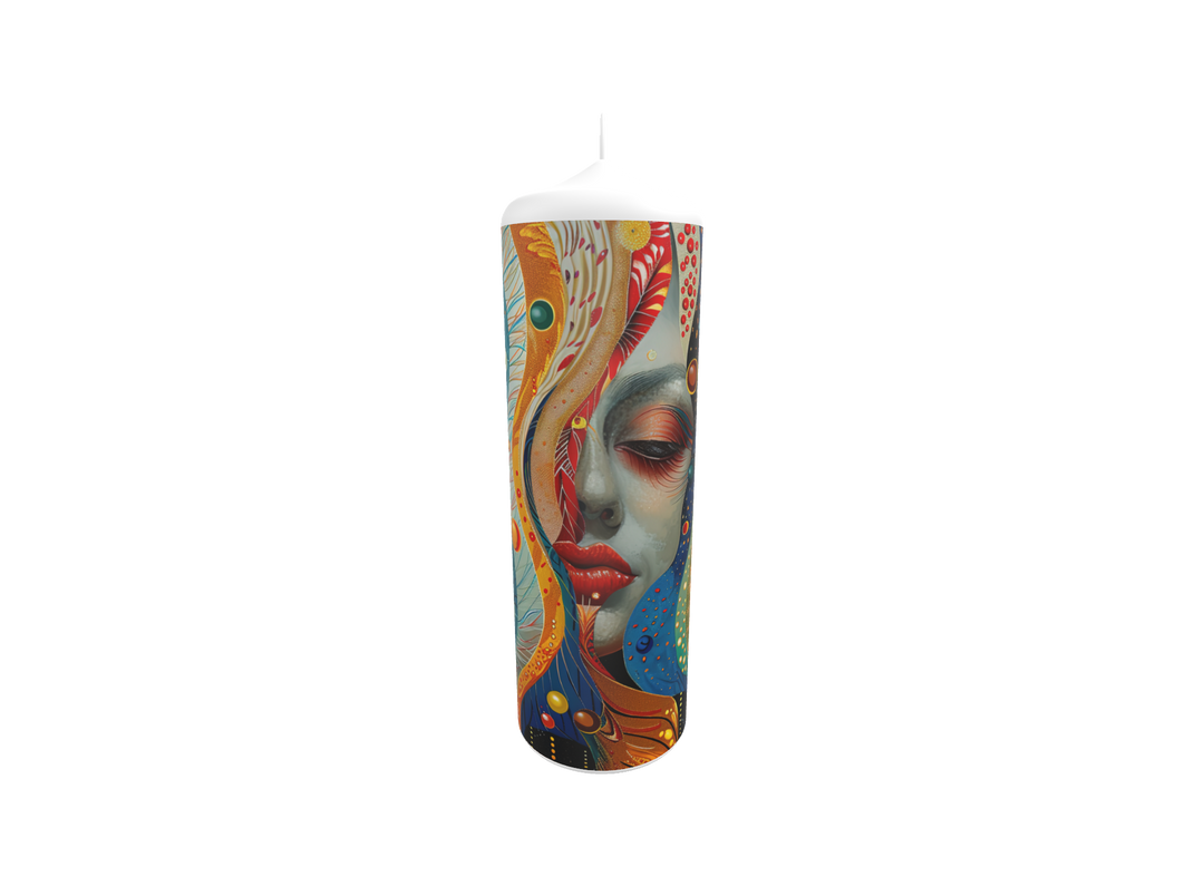 Künstlerkerze mit floralen Linien und weiblichem Porträt in Traumlandschaft – Symbol für Ruhe, Fantasie und inneres Strömen.