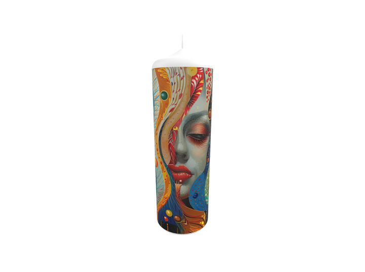 Künstlerkerze mit floralen Linien und weiblichem Porträt in Traumlandschaft – Symbol für Ruhe, Fantasie und inneres Strömen.
