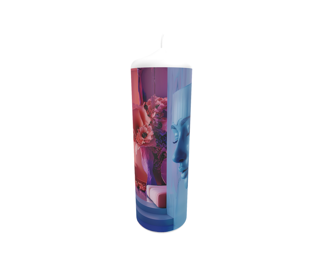 Künstlerkerze mit sanftem Porträt und pastellfarbenem Verlauf – Symbol für Licht, Erinnerung und flüchtige Gedanken.