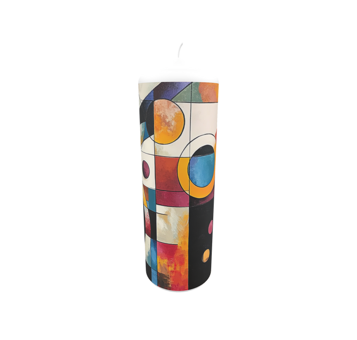 Künstlerkerze mit abstrakten geometrischen Formen und kräftigen Farben – moderne Komposition aus Kreisen, Flächen und Linien in harmonischer Balance.