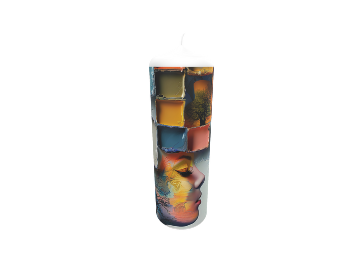 Künstlerkerze mit antikem Gesicht und farbigen Fragmenten – Symbol für Erinnerung, Zeit und innere Spuren.