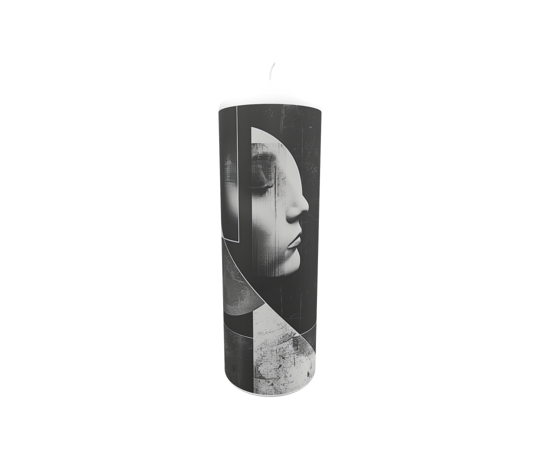 Künstlerkerze mit Schwarz-Weiß-Porträt und fragmentierten Formen – Symbol für Erinnerung, Vergänglichkeit und stille Präsenz.