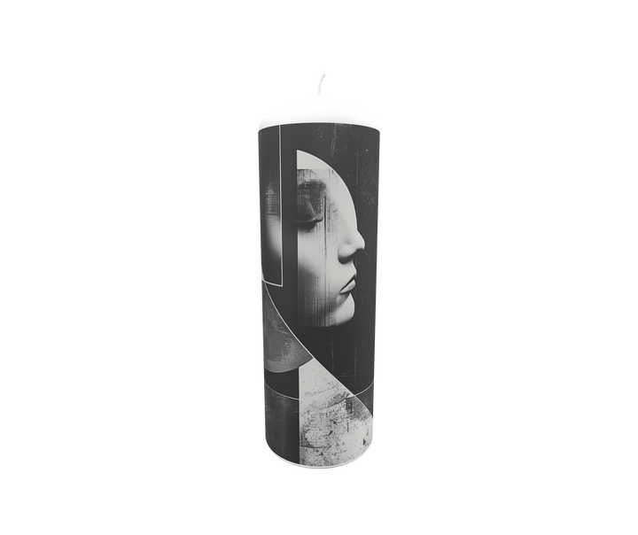 Künstlerkerze mit Schwarz-Weiß-Porträt und fragmentierten Formen – Symbol für Erinnerung, Vergänglichkeit und stille Präsenz.