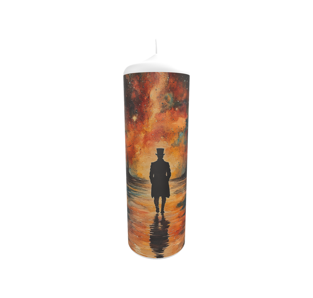 Künstlerkerze mit warmem Farbverlauf und Silhouette eines Wanderers 
