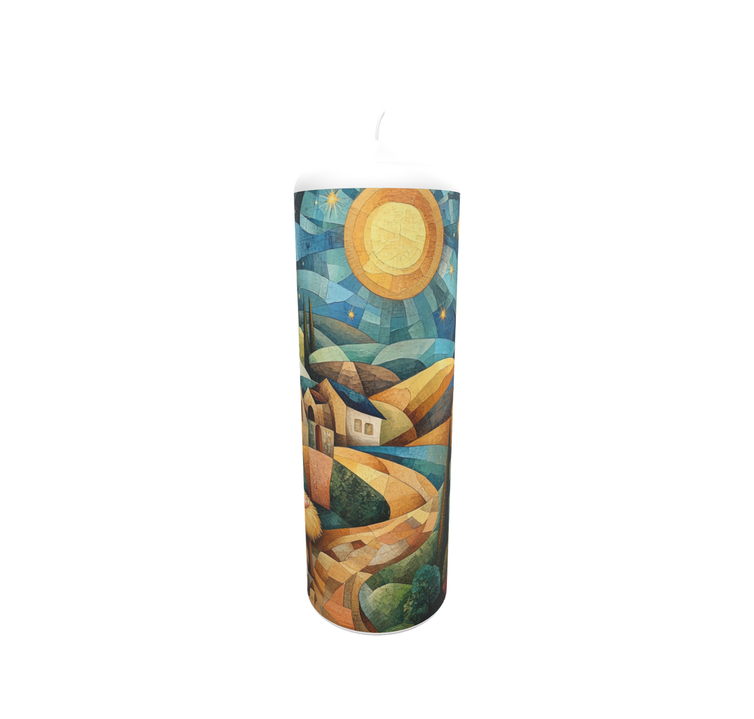 Künstlerkerze mit Symbolik von Geburt und Sternenhimmel
