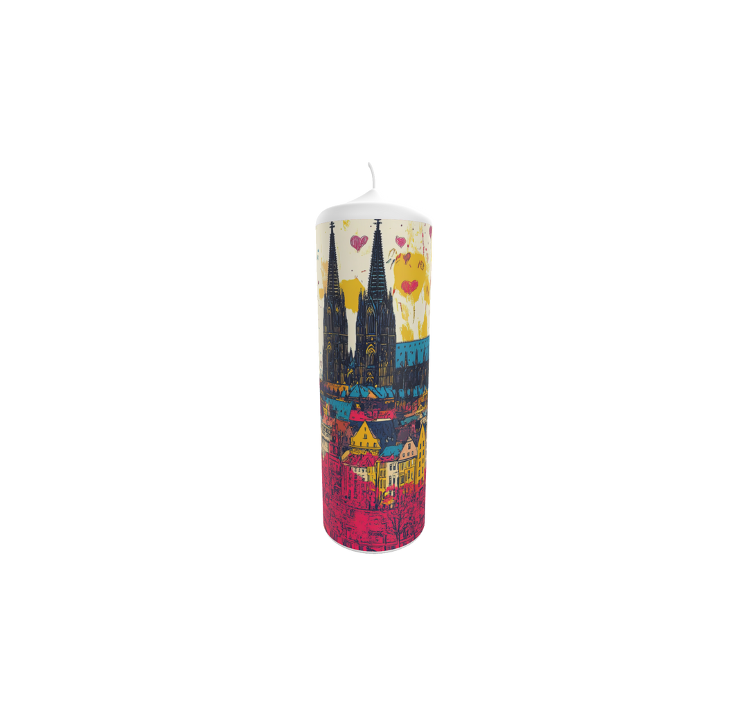 Künstlerkerze mit Skyline-Illustration und buntem Stadtmotiv