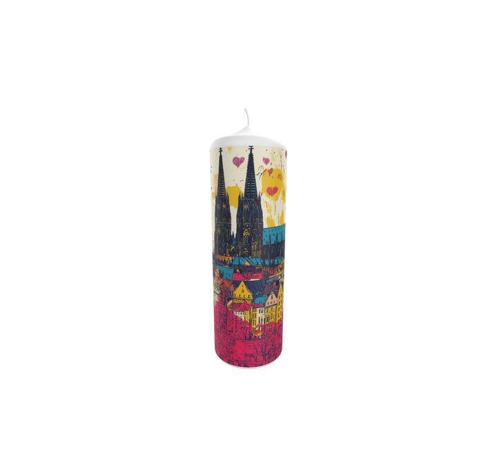 Künstlerkerze mit Skyline-Illustration und buntem Stadtmotiv