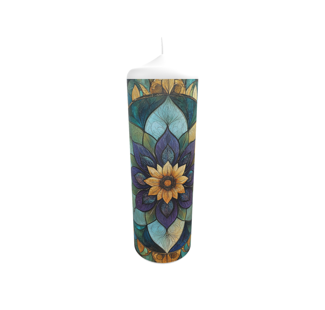 Künstlerkerze mit Mandala-Illustration in kräftigen Farben

